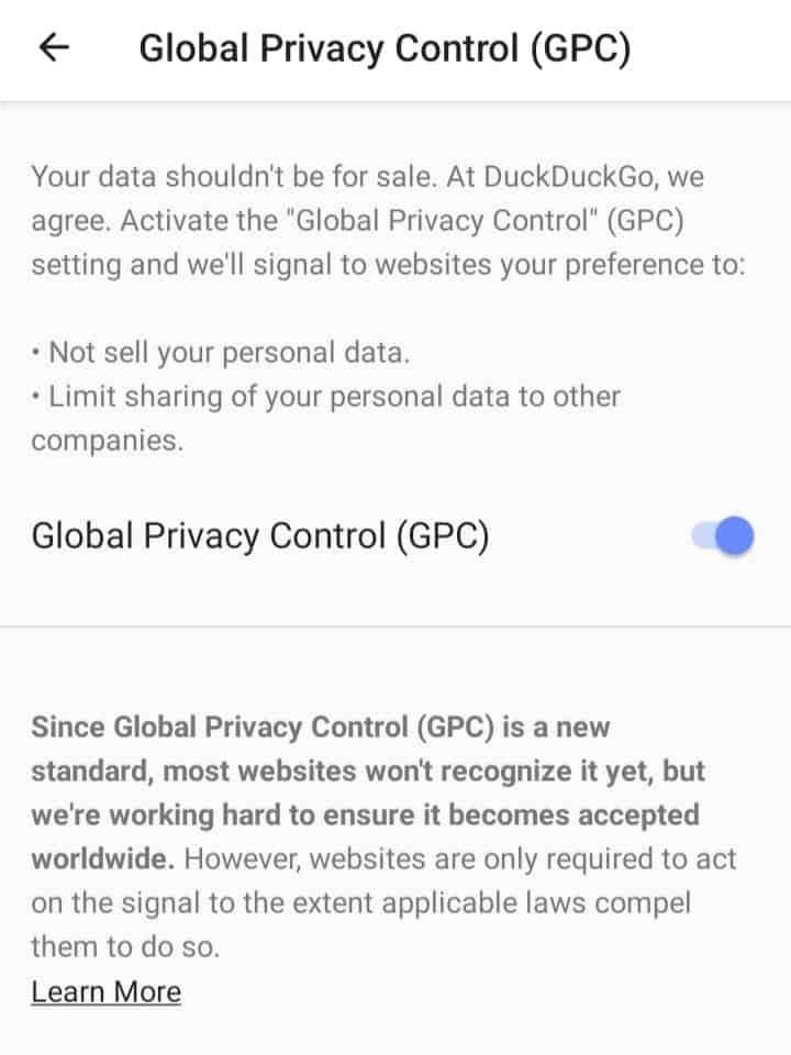 duckduckgo global privacy controls