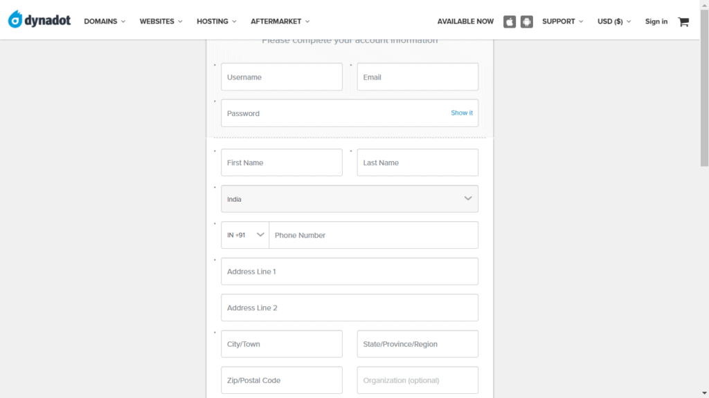 dynadot account creation