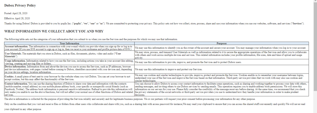 dubox privacy policy