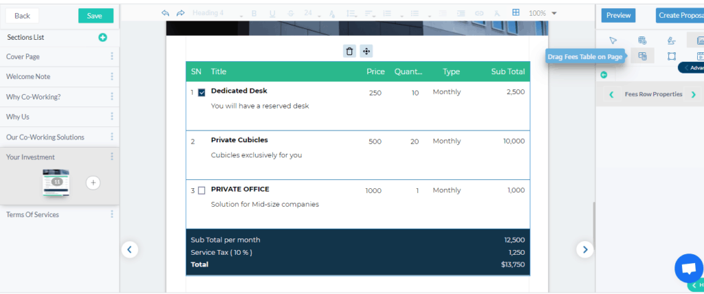 fresh proposals add fees table