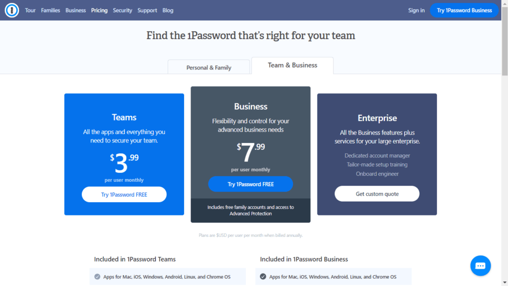 1Password pricing plans