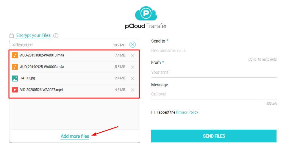 pcloud transfer add files