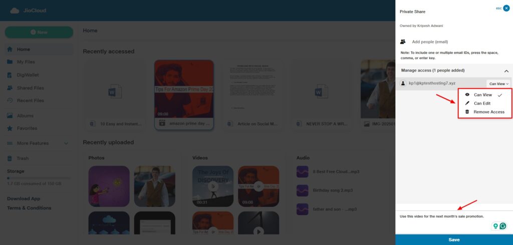 JioCloud file sharing