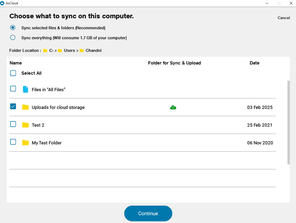 JioCloud - selective sync