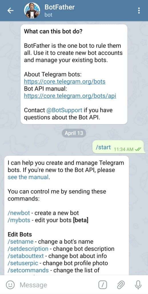 Creating a new bot on Telegram