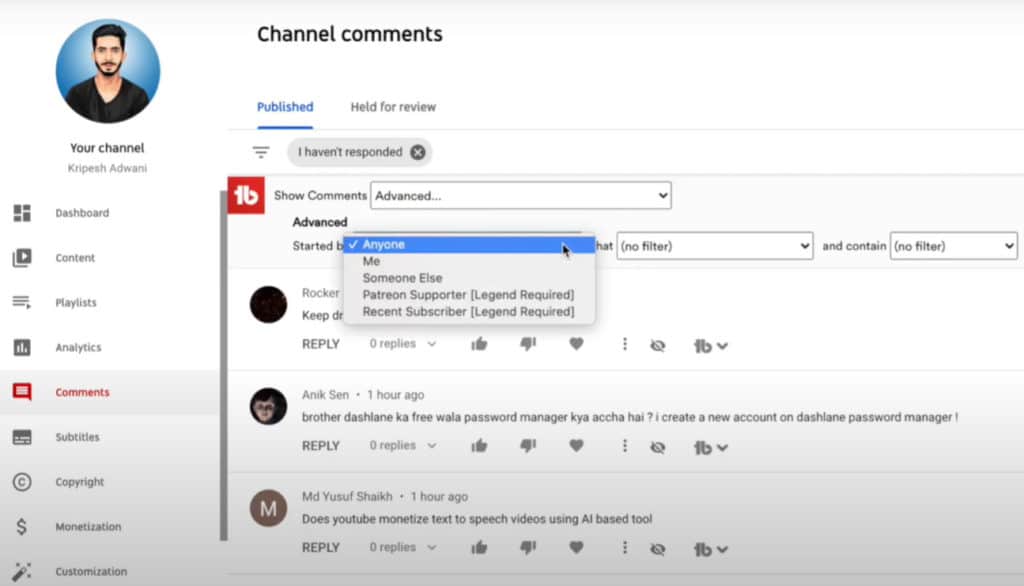 TubeBuddy Comment Management