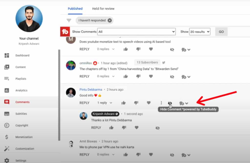 TubeBuddy Pro plan - Hiding Comments