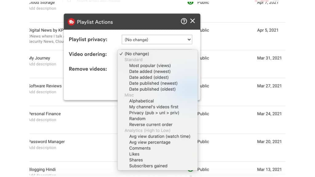 Tubebuddy Pro playlist action