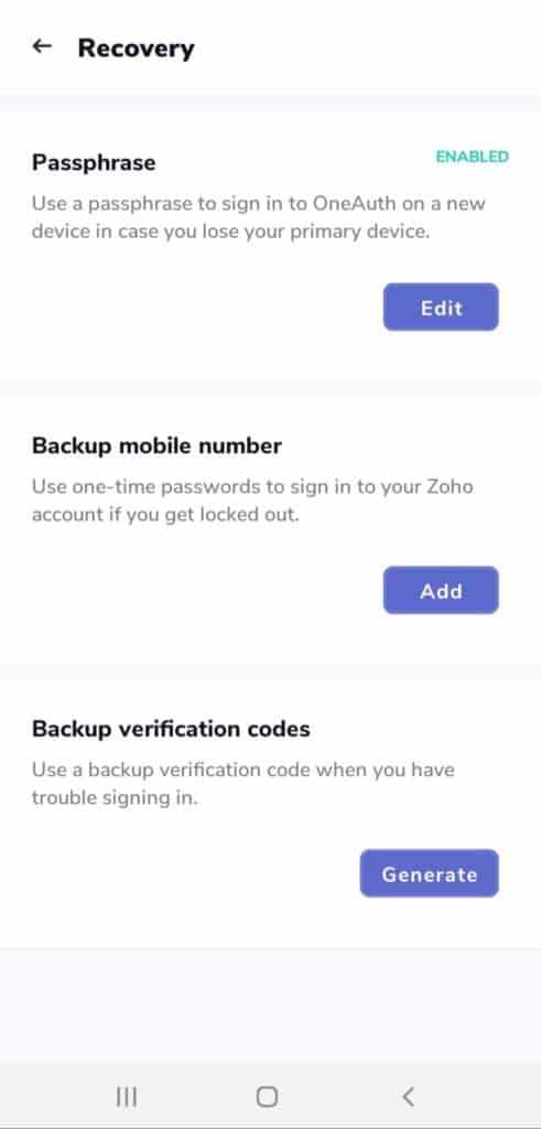 Zoho OneAuth Recovery options