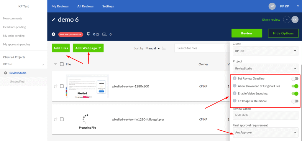 Project settings on Review Studio