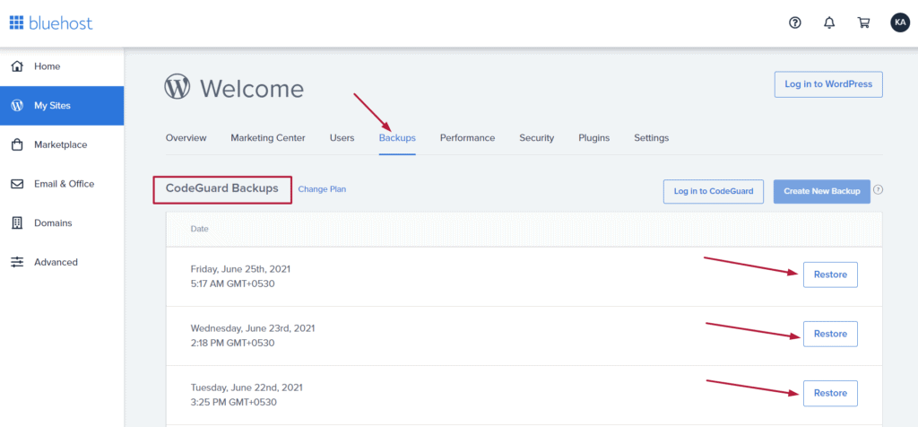 bluehost Codeguard backup