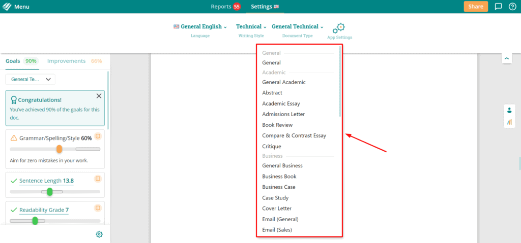 Document type in ProWritingAid