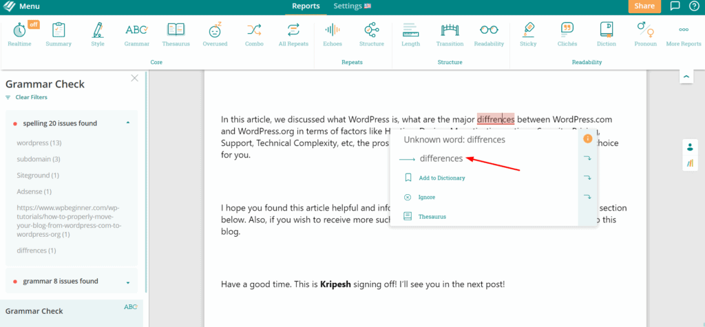 Misspelled words (Grammar Reports)