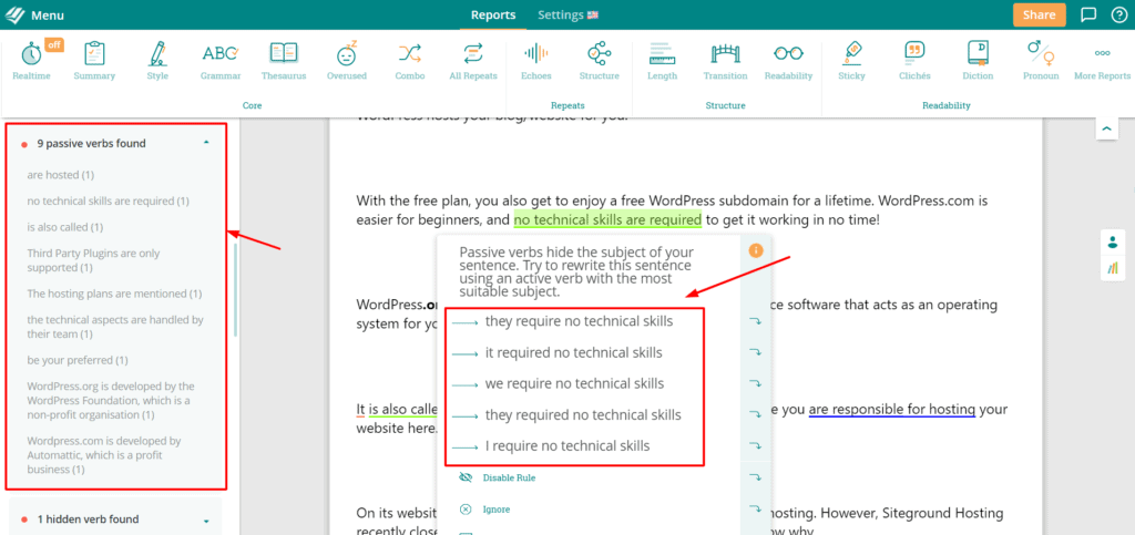 Passive verbs style report