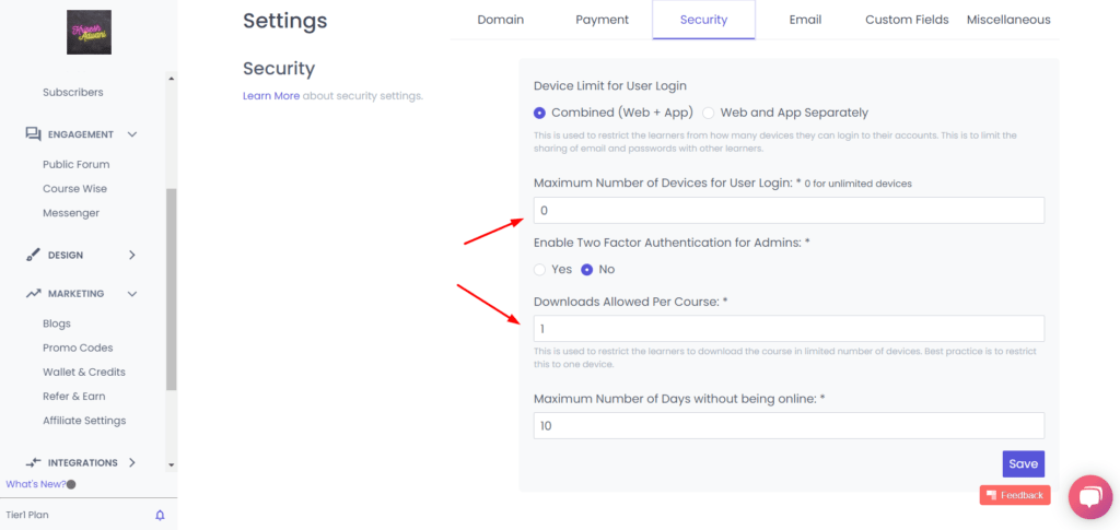 Security features in Spayee