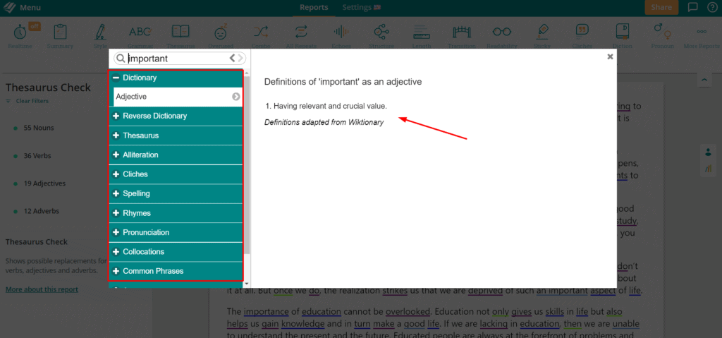 Word explorer in Thesaurus