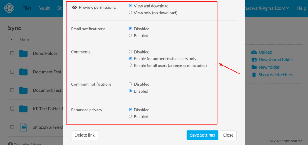 Additional link settings in Sync