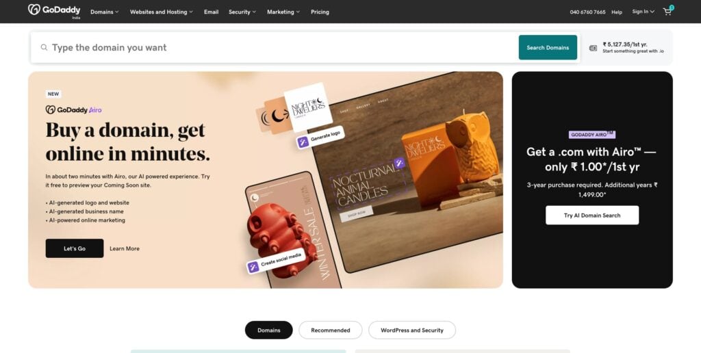GoDaddy homepage
