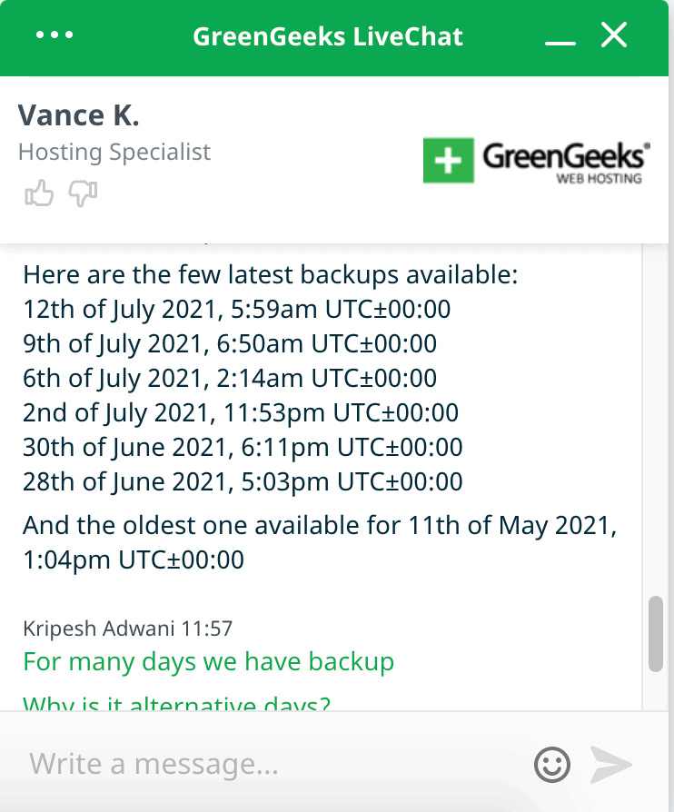 GreenGeeks backup dates