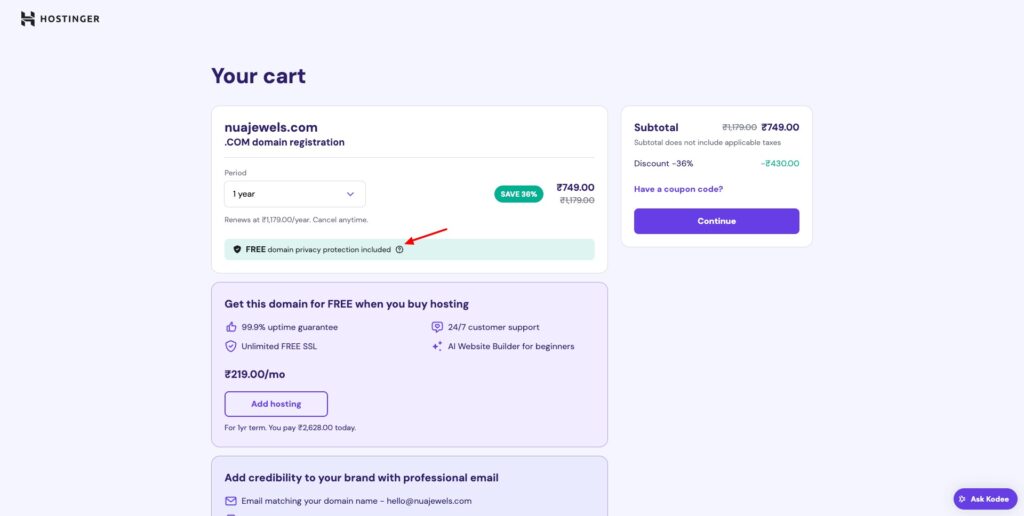 Hostinger - free domain privacy