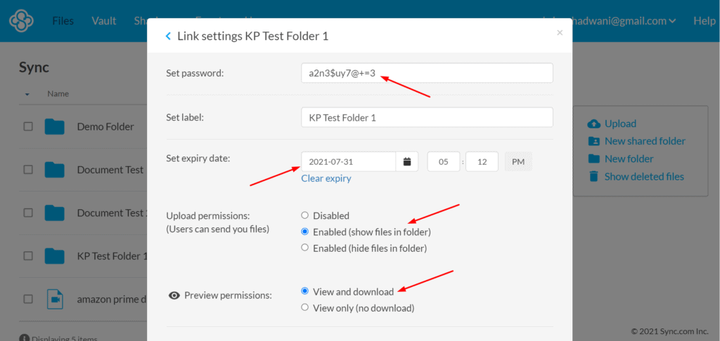 Link password and expiry on Sync