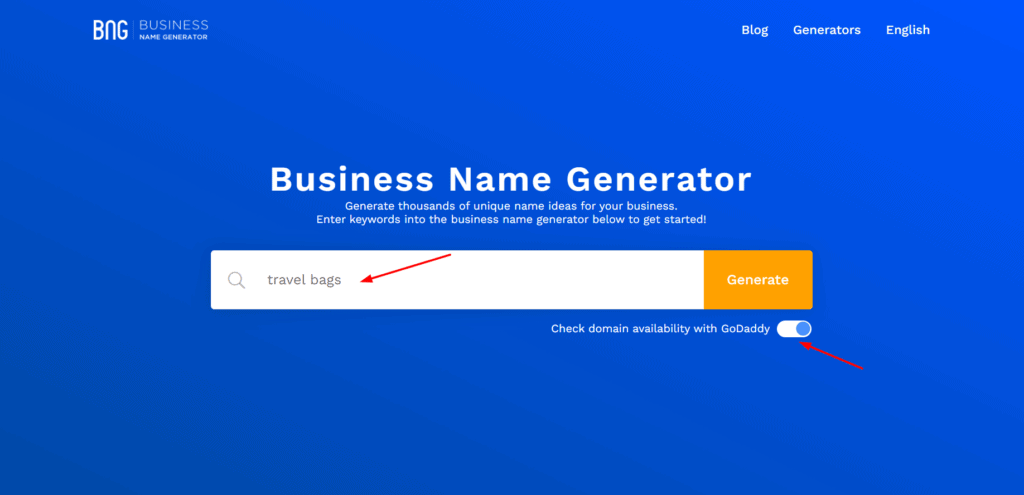 Business Name Generator homepage