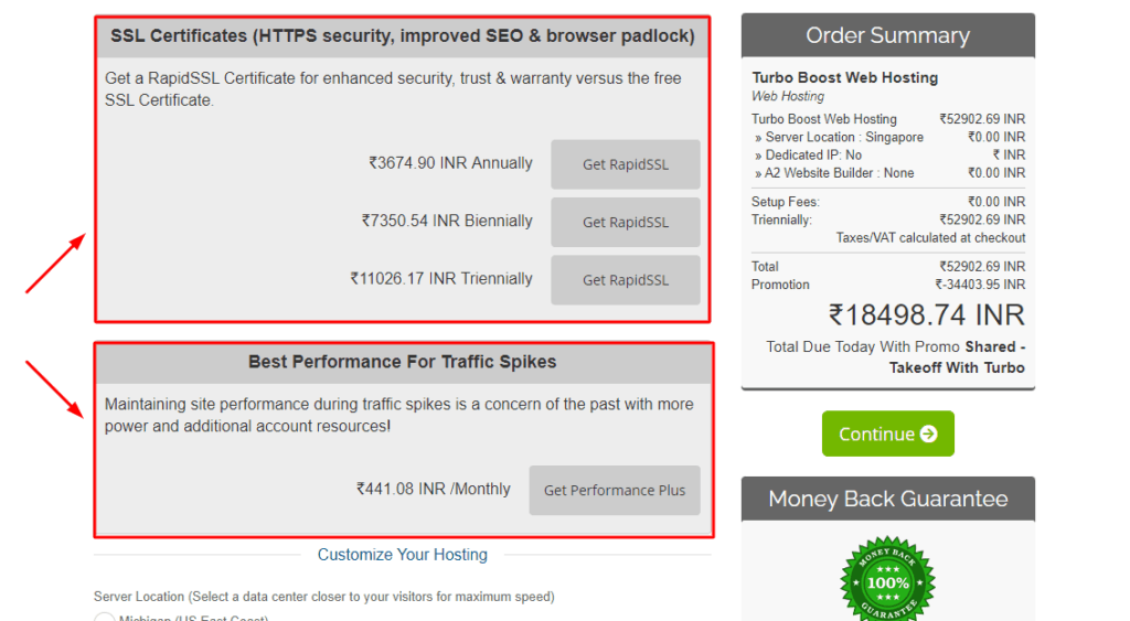 Upsells on A2 Hosting