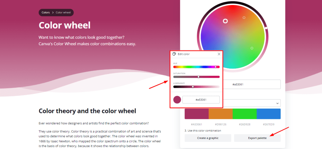 Color adjustment options in Canva Color Wheel