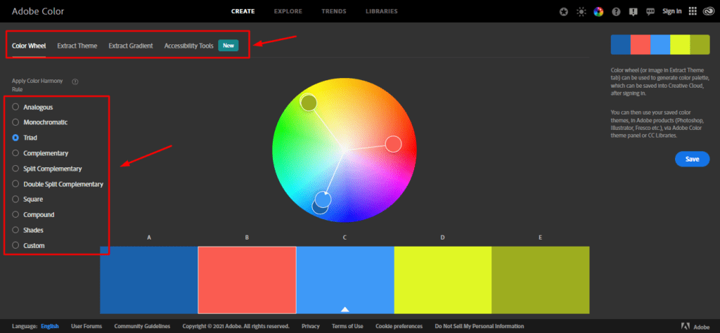 Color schemes in Adobe Color