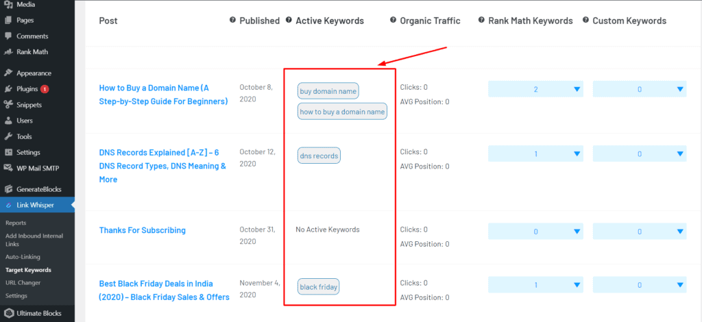 Target keywords in Link whisper