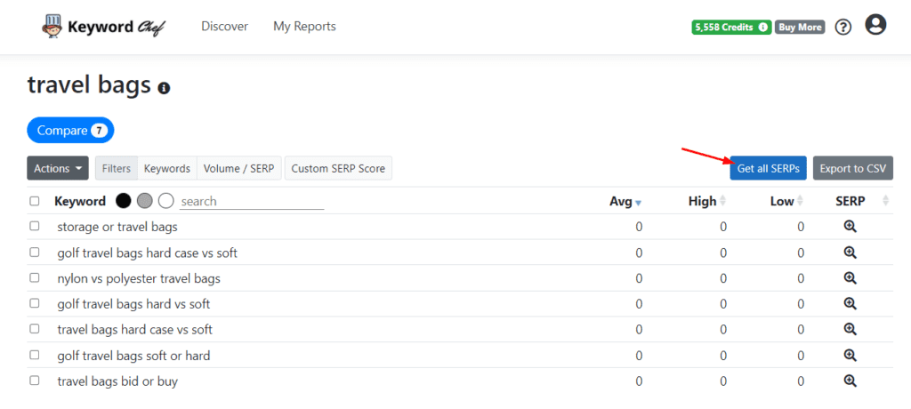 Get all SERPs in Keyword Chef