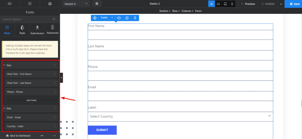 Form element in Swipe Pages