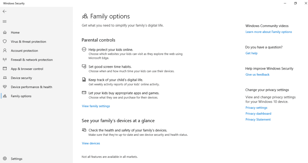 Parental controls in Windows Defender
