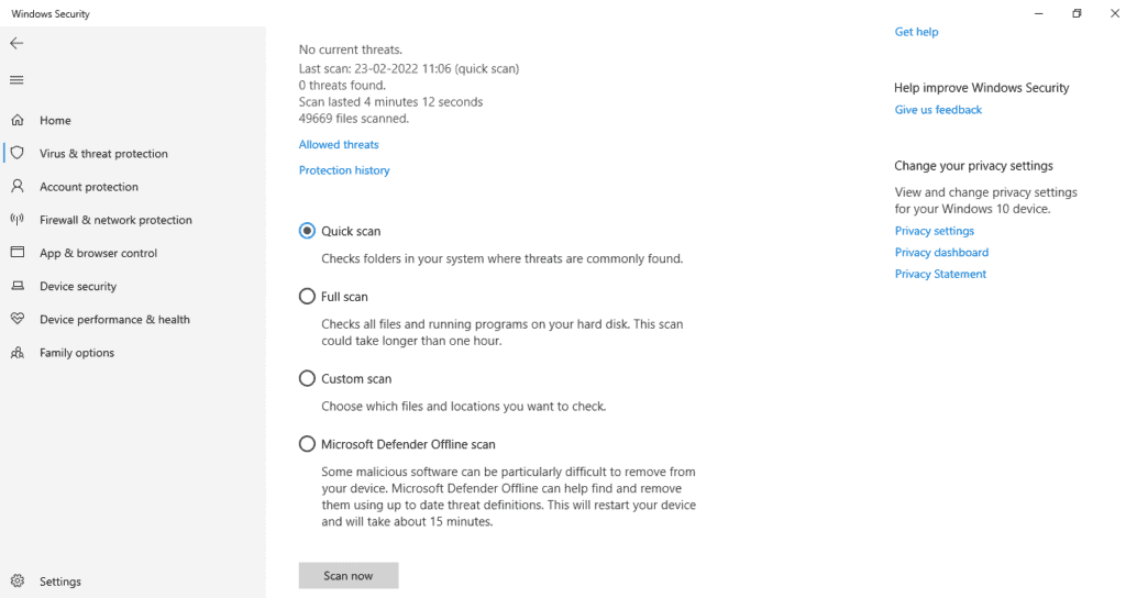 Scan modes in Windows Defender