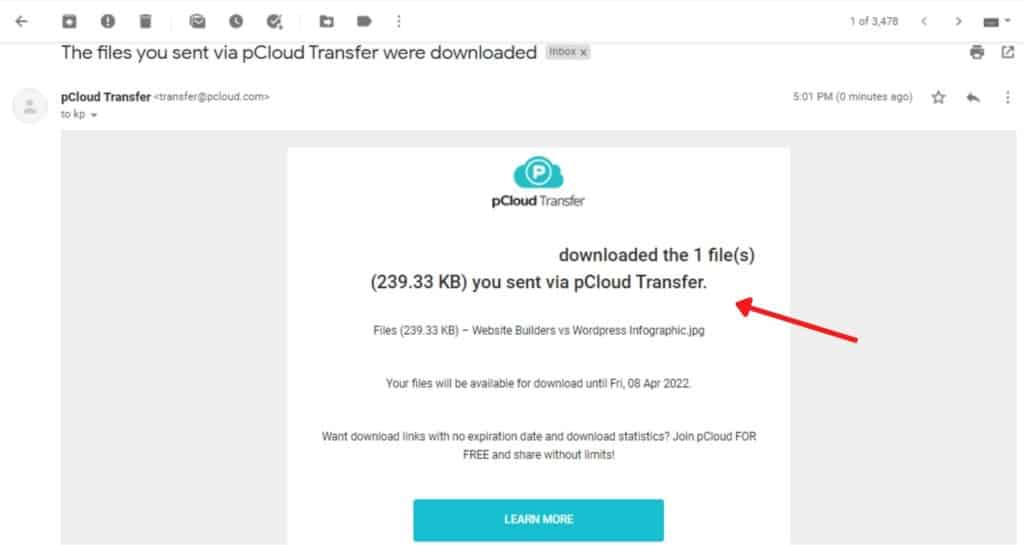 Download notifications on pCloud Transfer