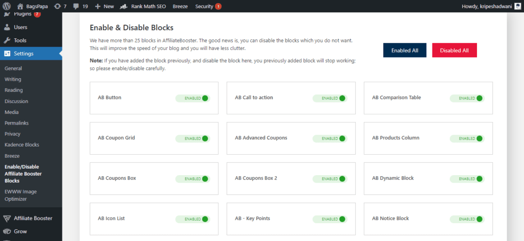 Enabling or disabling AffiliateBooster blocks