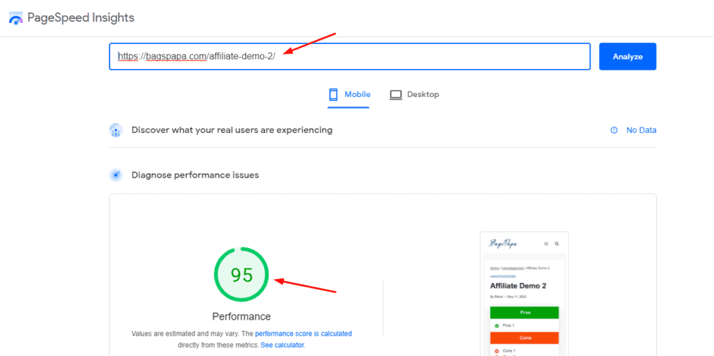 Page Speed Score with few AffiliateBooster Blocks