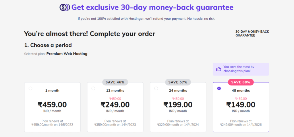 Selecting hosting plan duration on Hostinger