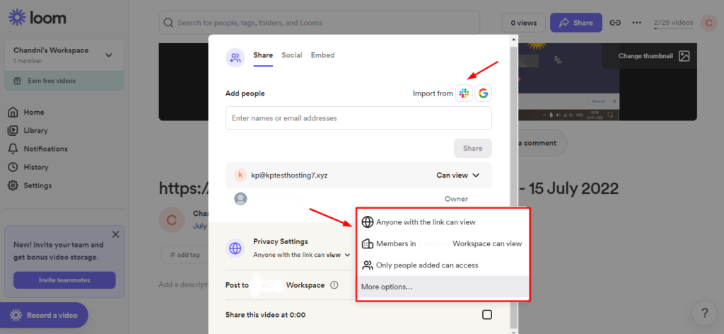 Loom Sharing Settings