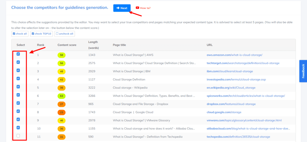 Competitor selection in NeuronWriter