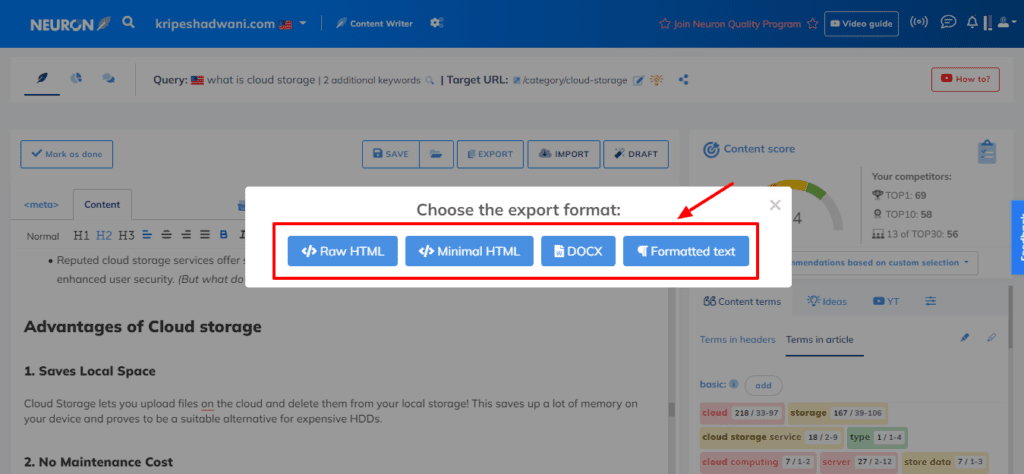 Exporting document in NeuronWriter