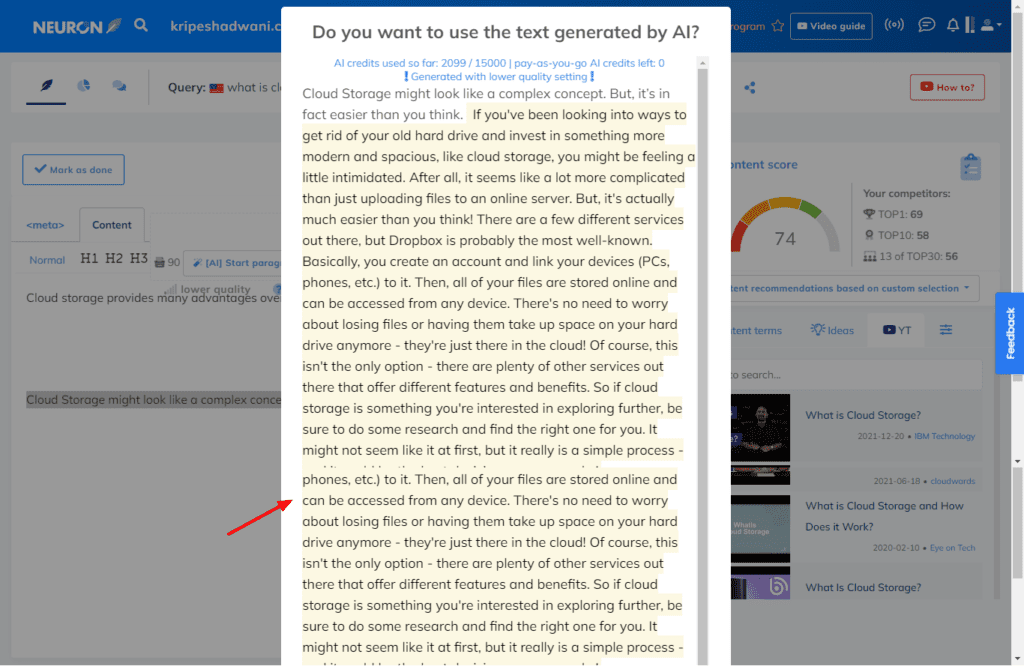 Generating low Quality content with AI Paragraph tool