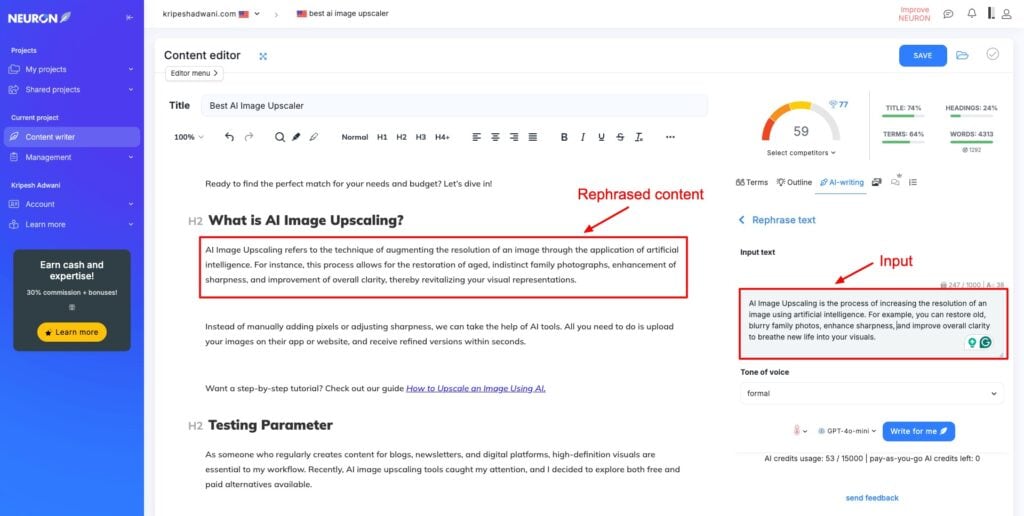 NeuronWriter - AI Rephrase tool