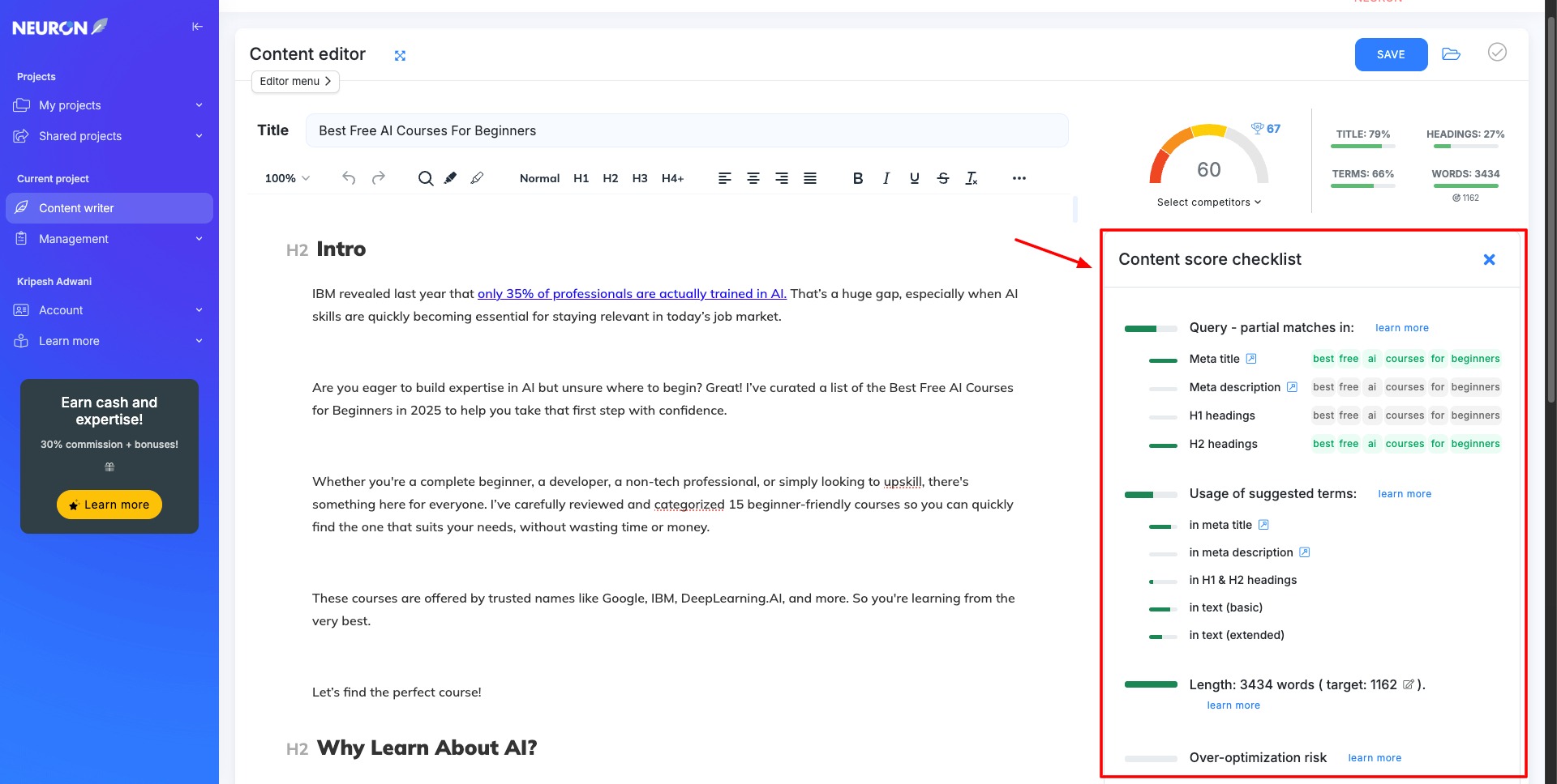 NeuronWriter Content Score Checklist 1