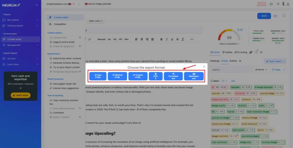 NeuronWriter - content export