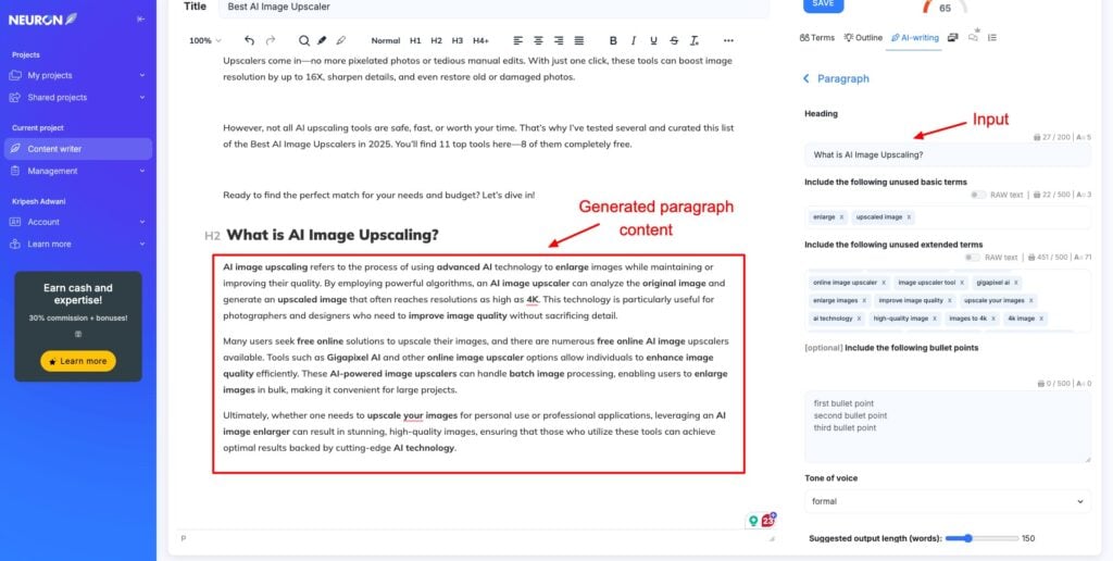 NeuronWriter - generating paragraph content