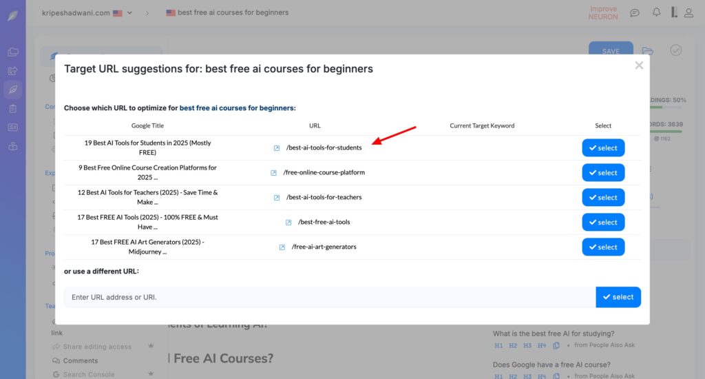 NeuronWriter target URLs 1