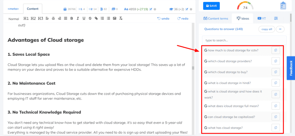 Question ideas in NeuronWriter