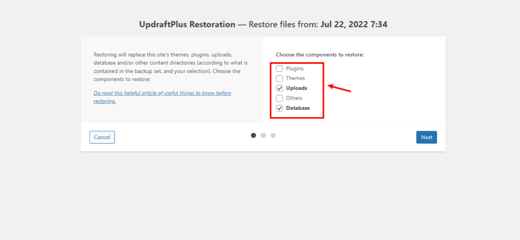 Restoring backups on UpdraftPlus