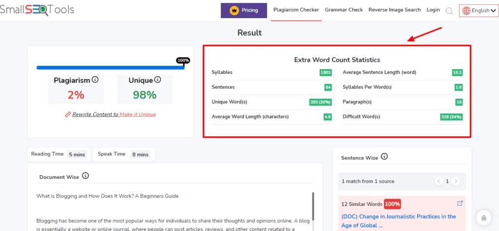 Result with Small SEO Tools Plagiarism Checker